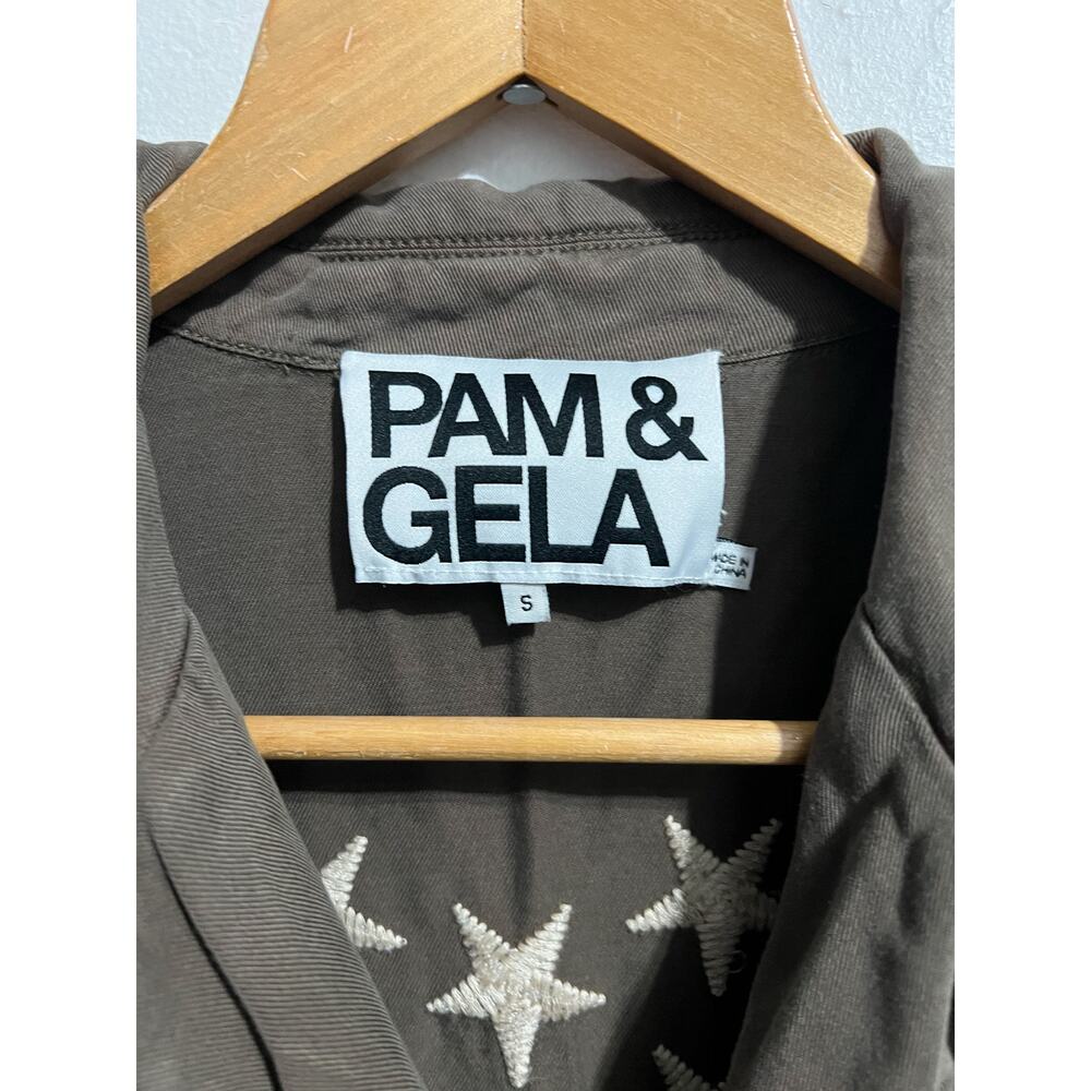Pam & Gela Jacket Small Flag Fourth Embroidered Green Army Patriotic Tencel - Picture 5 of 9